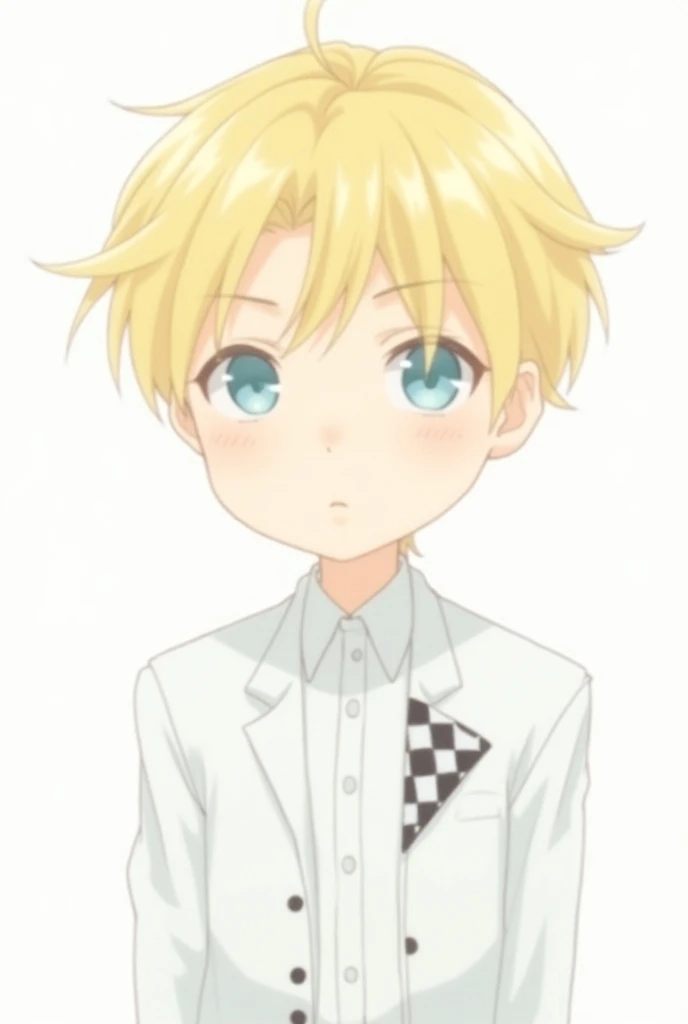 Anime blond boy 
Aqua Hoshino with white suit and a checkerboard