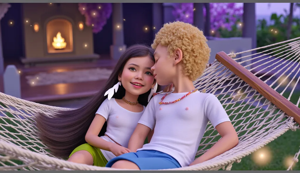 Inspired by the arts of Disney Pixar, create the image of a couple composed of a , 12yo, 12 anos, Brazilian Indian girl with long, straight black hair and light brown skin with a feather earring hanging from her ear with indigenous necklaces with a white t...