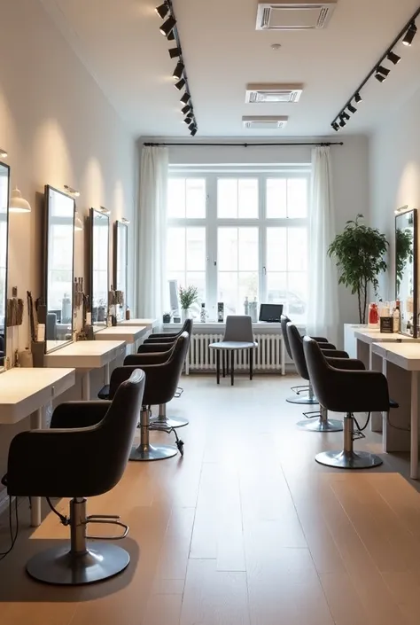  A hair salon in Hamburg Winterhude . The picture shows the interior of the salon .  There are 10 workstations and a small waiting area with a Nespresso machine.
 The interior of the salon is kept bright .