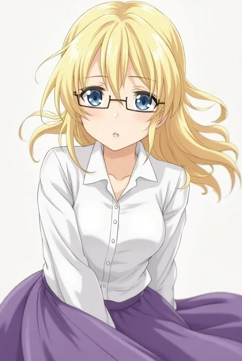  Éléonore de la Vallière character from the anime Zero no Tsukaima blonde hair, blue eyes pointed glasses white blouse long skirt purple thin older girl sharp eyes 