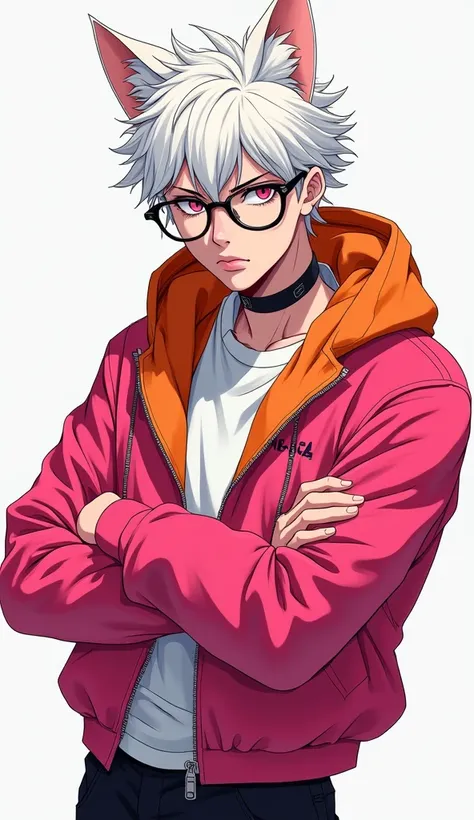 Realistic manga style full body image , of a boy , Human feline hybrid, with white hair, magenta eyes, fit physical size and thin ,  with a serious face and intellectual look, wearing prescription glasses and wearing American street dance clothes,  in the ...