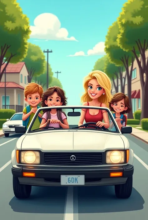 Vector of blond woman driving car with children to school 