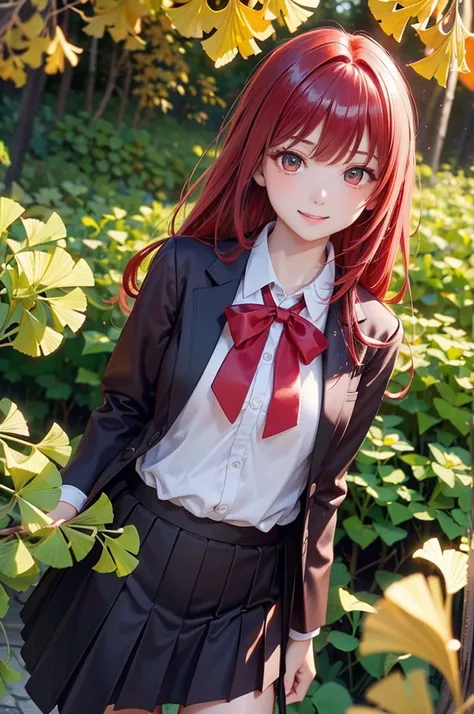 ( Best Quality , High image quality,8k, detailed background of inerity, masterpiece:1.2), beautiful girl,( shiny crimson hair :1.3),(Long Hair:1.2) ,beautiful red eyes,autumn, school uniform,blazer,skirt,(zettairyoiki:1.2),A gentle gaze,Refreshing look,Bes...