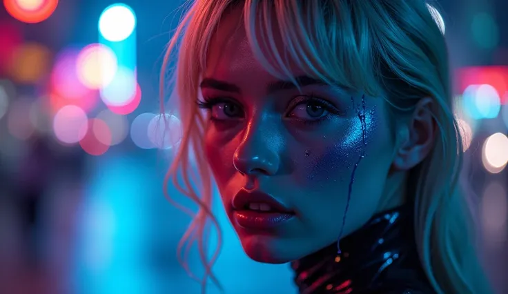 ((best quality)), ((​masterpiece)), (detailed), ((background Cyber)), wet look, ((blond long Hair)), ((Intricate detailing, in the night time, Contre-Jour, random neon color, View from afar, random pose, blue latex bodysuit, face focus, hell picture, light...