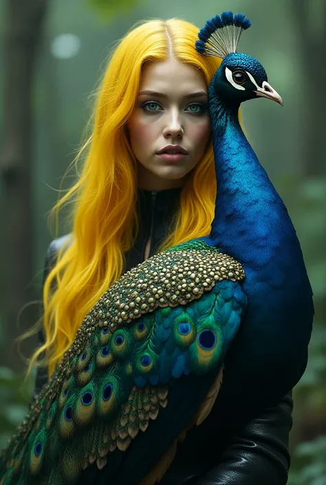 "Create an image of a hybrid woman merging with a peacock, transforming into a unique creature of her own kind. She should have bright yellow hair and blue eyes, with vibrant peacock features integrated into her appearance. The background should depict a h...