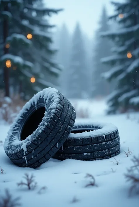 Tires falling in the snow at Christmas