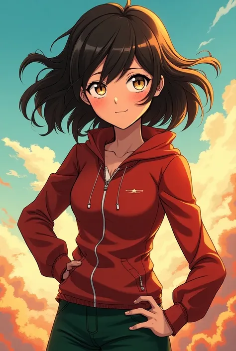 Female anime character in the My Hero Academia style, Brown hair, with freckles and shiny golden eyes ,  full body 