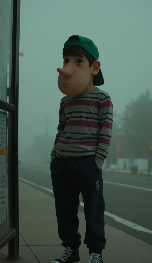 Teenager. Sids most noticeable feature is his long nose, like a sausage, which seemingly protrudes from his forehead. He wears a green cap in a backward position that covers part of his eyes. The hair from underneath the short length cap is down, bangs bet...