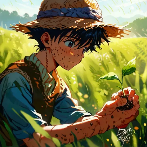 a man planting a seed on a farm, dash style of the anime hunter X hunter , hands down,  high quality