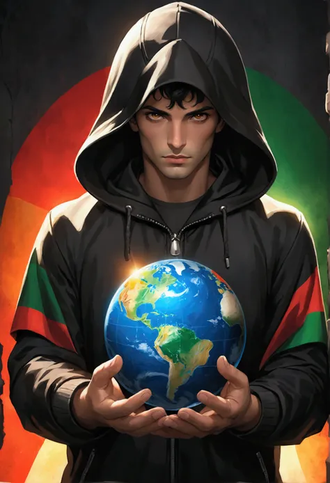  A mysterious and intensely looking character ,  wearing a black hooded jacket ,  holding the world with two hands .  The world seems realistic and without suggestive symbols .  Behind him is the Portuguese flag in vibrant colors.  The colors are well defi...