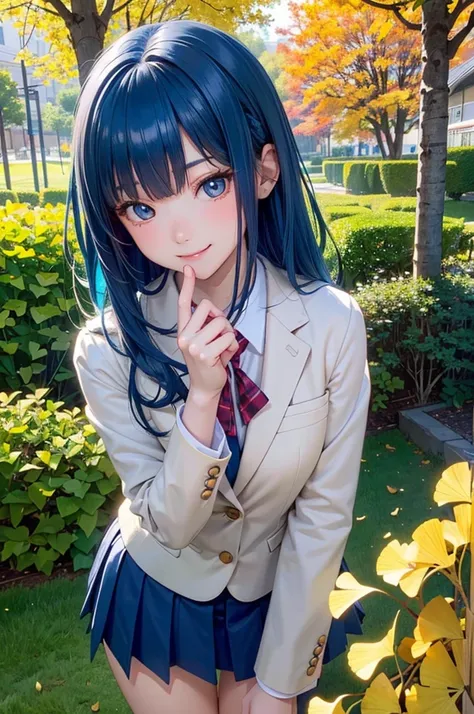 ( Best Quality , High image quality,8k, detailed background of inerity, masterpiece:1.2), beautiful girl,( shiny ultramarine blue hair :1.3),(Long Hair:1.2) ,beautiful red eyes,autumn, school uniform,blazer,skirt,(zettairyoiki:1.2),A gentle gaze,Refreshing...