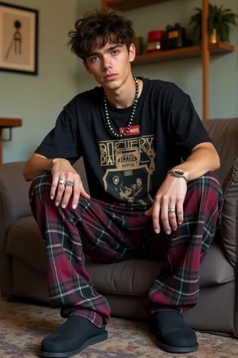  A young man dressed in a nu metal style from the early 2000s ,  in a comfortable outfit for being at home .  He wears a black cotton t-shirt , slightly loose ,  with a logo or image of a famous band , worn in the center ,  giving it a vintage and authenti...