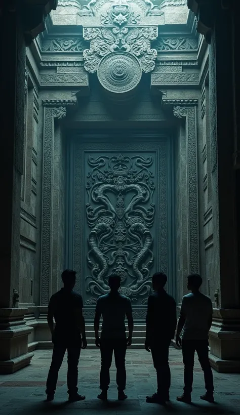 Make a mysterious hyper realistic 4k hd image of A group of nervous people standing before Vault B(showing elaborate cobra and mythological carvings on the door)inside the Padmanabhaswamy Temple (ancient South Indian style hindu temple)– silhouettes of ind...