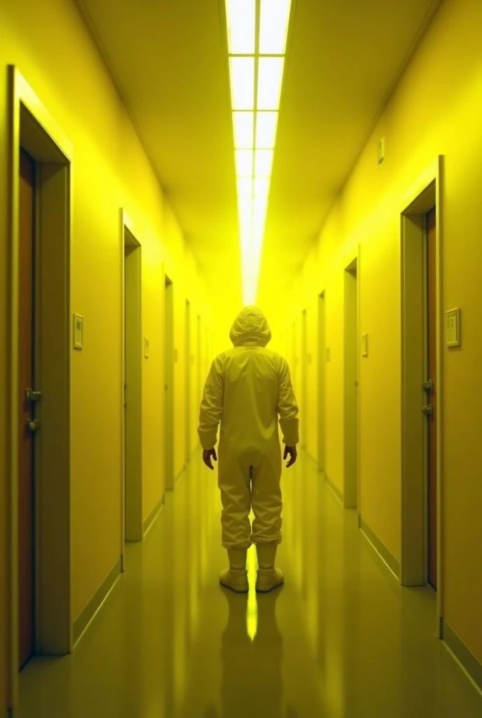 I need a long corridor with doors on both sides with an uncomfortable atmosphere with a lot of light the walls are yellow , with a figure wearing white nuclear clothing with back as if lost