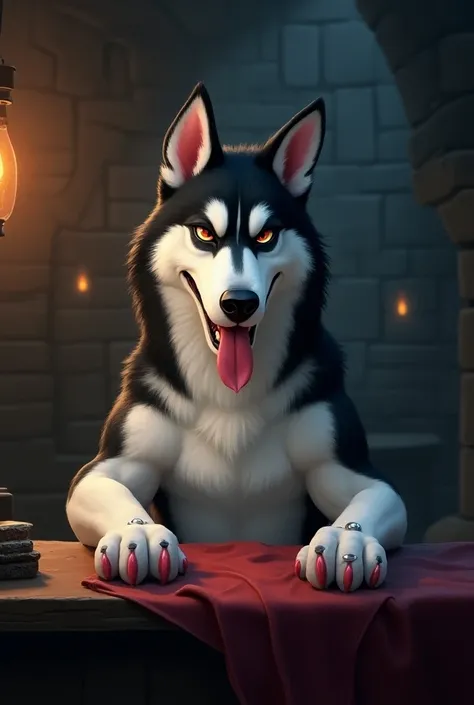 A detailed digital painting of a well-built anthropomorphic husky with black and white fur, sitting confidently behind a desk in a dimly lit dungeon. The husky has a wicked expression, with a sly smile and his tongue playfully sticking out. He has large, s...