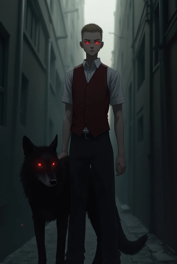 A ginger 21 year old male, esthetic face, with a buzzcut, no right hand visible, red eyes, with a black wolf with red eyes beside his legs. High Resolution, Best Quality, standing in a street alleyway Masterpiece, High Details, Super Detailed, Frown, Brigh...