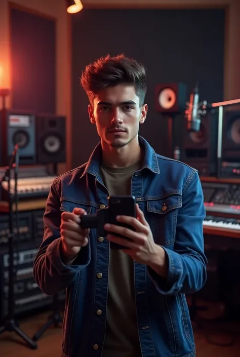 CREATE OF A YOUNG MAN TAKING A SELFIE IN A MUSIC RECORDING STUDIO