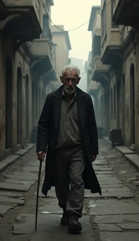 geraldo,Um idoso de 80 anos geraldo anda por uma rua deserta de uma cidade antiga, with windows and doors closed ,  as if the place were abandoned . Your expression is empty,  the gaze lost in an endless void . he walks slowly, with shoulders slumped,  whi...