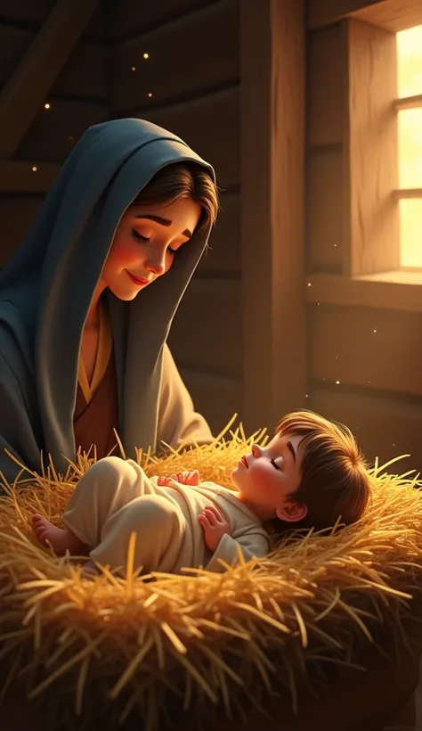 

" A detailed representation of baby Jesus lying in a simple manger, surrounded by straw .  He has a serene and peaceful expression ,  with soft lighting highlighting his face .  Warm tones and rustic textures of wood and straw around .  

Mary and Joseph...