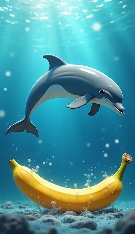 A vibrant, fresh dolphin gracefully swimming in the ocean, with a ripe, bright yellow banana placed elegantly beside it, highlighting the natural beauty and playful contrast of both elements."