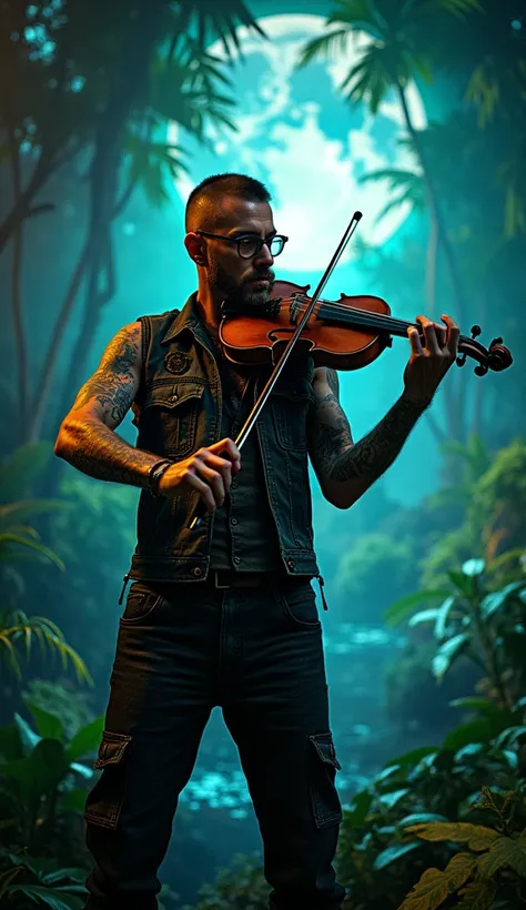 The image features a handsome rocker man, 40 years old,  buzz cut, beard, glasses, many tattoos, playing violin in the jungle at night, overlaid with a complex and colorful projection of several images. These three-dimensional images include beautiful nigh...