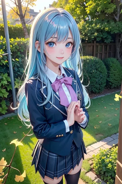 ( best quality , high definition,8k,inelity detailed background, Masterpiece:1.2),beautiful girl,(Lustrous light blue hair:1.3),(long hair:1.2) ,long hair,messy hair,Beautiful light blue eyes,autumn,school uniform,blazer,skirt,black tights,(zettairyoiki:1....