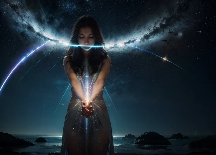 "Illustrate a vast cosmic scene where stars, galaxies, and planets are all connected by luminous lines of energy, symbolizing the interconnectedness of all things. In the foreground, a person stands with arms gently open, bathed in a glowing, radiant aura ...