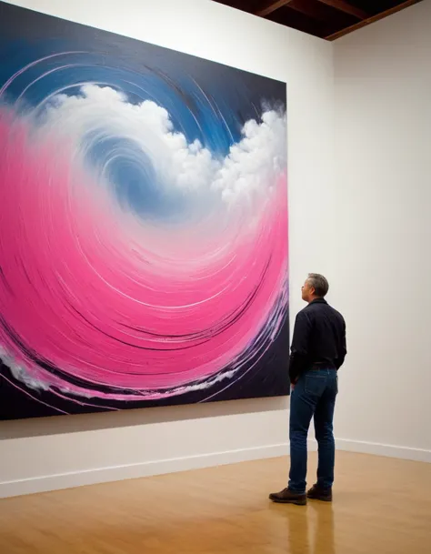 chad is standing in front of a large piece of abstract art. the art is titled "in the loop:0.0". the piece features several inte...