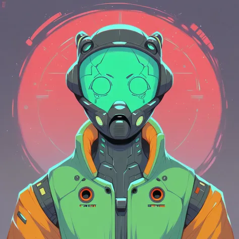 (masterpiece,best quality,ultra detailed,ultra high res,detailed background),((cyberpunk)),((flat color)),((colorful)),(1girl),pilot,pilot helmet,pilot jacket,looking at viewer,solo,upper body,colored background,high contrast,contrasting colors,cowboy shot...