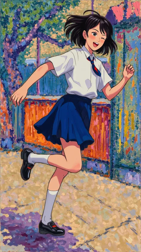 Expressionist artwork, 1 japanese girl, school uniform, skipping, 