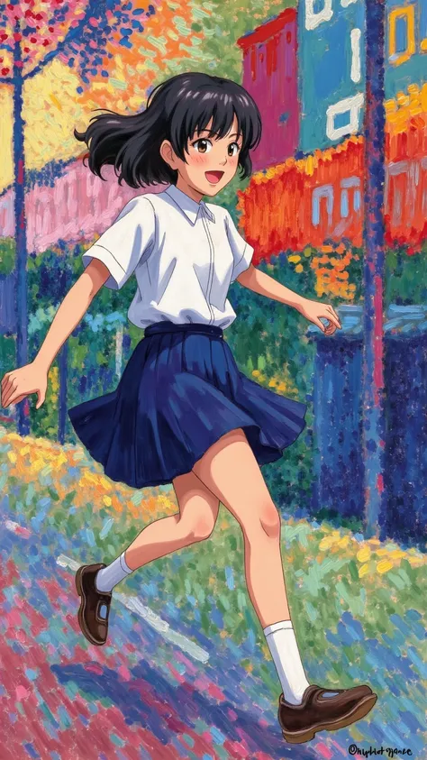 Expressionist artwork, 1 japanese girl, school uniform, skipping, 