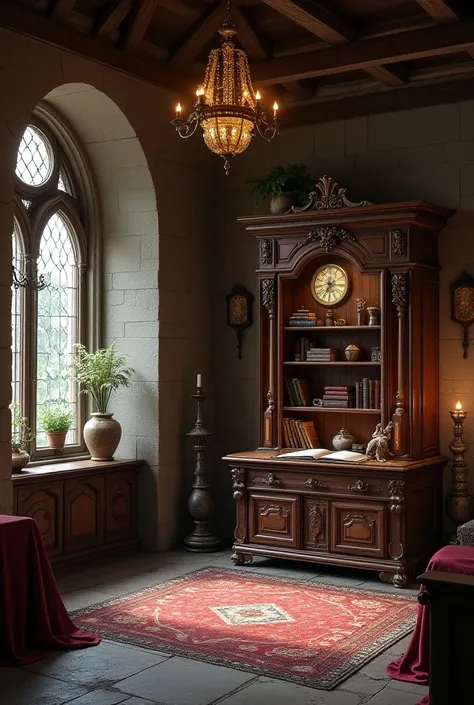  medieval bedroom , with cabinet , desktop, YT chandelier clock 