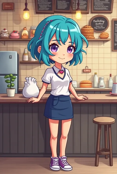 Slim girl with short blue hair with a heart pin in her hair with a heart necklace dressed as a bartender from a small pastry restaurant with purple sneakers in pixel art style