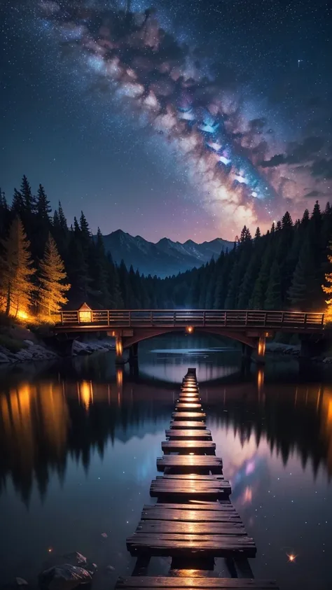 A mesmerizing night scene featuring a wooden bridge illuminated with soft, glowing blue lights that guide the path forward. The bridge stretches over calm water, reflecting the vibrant lights and the colors of the sky. Above, a breathtaking view of the Mil...