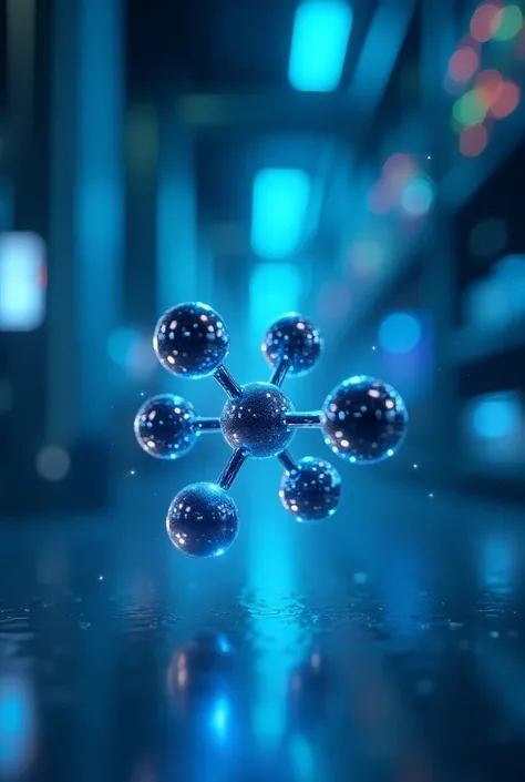  A highly detailed image of a BH3 molecule  (borane ) Featured,  surrounded by a technological background in shades of blue and metallic gray ,  with power lines and LED lights .  highlighted The BH3 molecule must be centralized and be shown in a 3D struct...