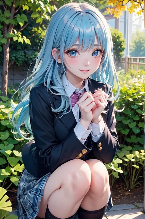 ( best quality , high definition,8k,inelity detailed background, Masterpiece:1.2),beautiful girl,(Lustrous light blue hair:1.3),(long hair:1.2) ,long hair,messy hair,Beautiful light blue eyes,autumn,school uniform,blazer,skirt,black tights,(zettairyoiki:1....