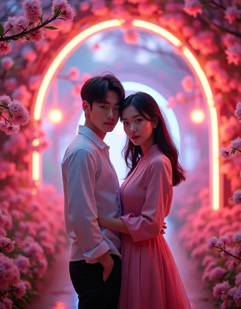  full body photography ,  romantic korean young couple in modern korean style dress , focused gaze at the camera/ audience , romantic pose , smile expression. romantic place background magical neon glowing archway and blooming flowers. Like the original , ...