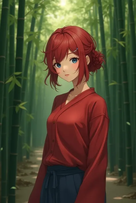 Reqlistic Young mixed japanese-american woman with ((( red hair))), messy short hime hairstyle with bangs ((tied in one braid ))blue eyes, wearing girl ranma traditional chinesse long sleeve red shirt And blue pants in the middle of a Bamboo forest 