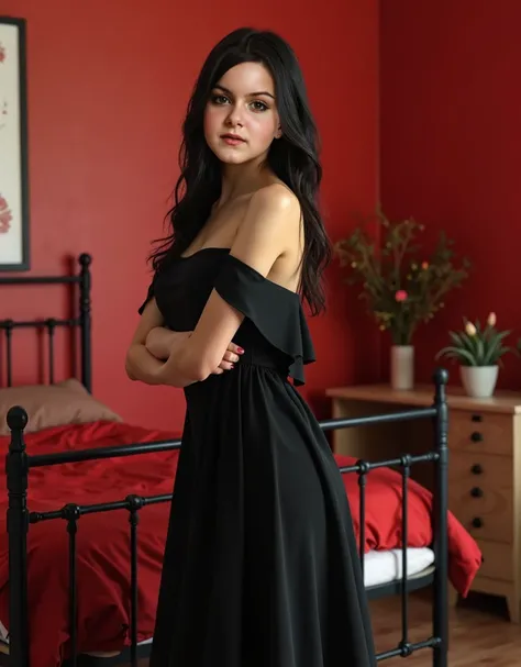 8K quality, photorealistic photos. Charming young caucasian girl, model Ariel, chubby round face, long black wavy hair. Red lipstick on full lips. She is dressed in an elegant, simple, unadorned black dress with exposed shoulders. The dresss wide straps ar...