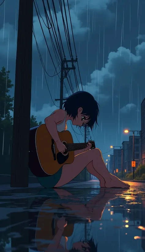 anime illustration barefoot, sitting, playing guitar, relaxed pose, looking into the distance, outdoor urban setting, telephone pole, power lines, cloudy sky, midnight, warm and cool color contrast, rain, reflective surface, moody atmosphere, artistic styl...