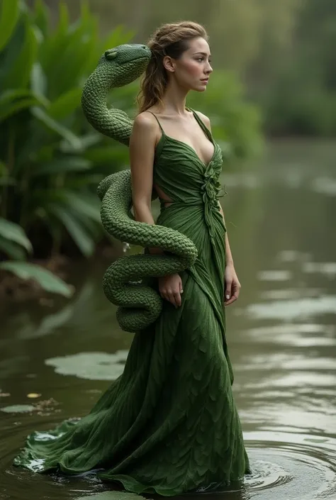 A mesmerizing,  surreal portrait of a woman personifying the Australian snake-necked turtle (Chelodina),  blending human and natural elements in her form. Her attire is a delicate,  flowing gown crafted from the rare and endangered Microcycas calocoma,  a ...