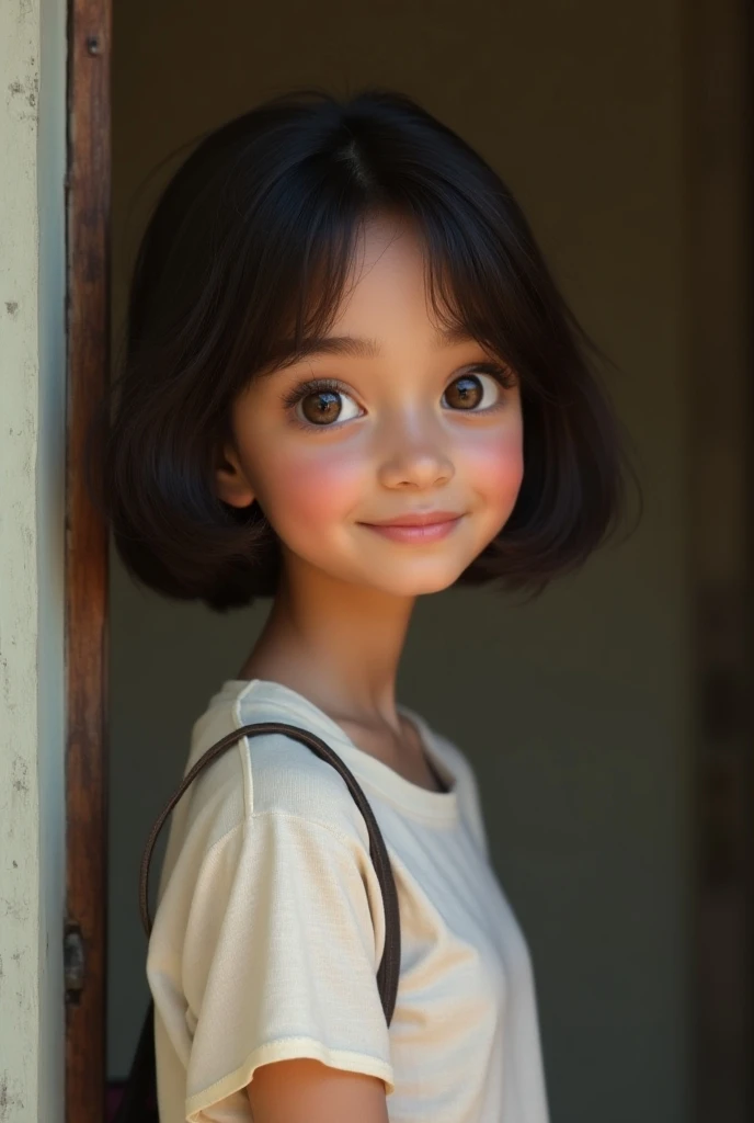 A  old girl is standing in front of the door, short hair, brown eyes, a sweet smile, looking at the camera. The girl is fair-skinned and very beautiful. She is a Bangladeshi girl, wearing college clothes. Profile size picture. Make a pic that looks realist...