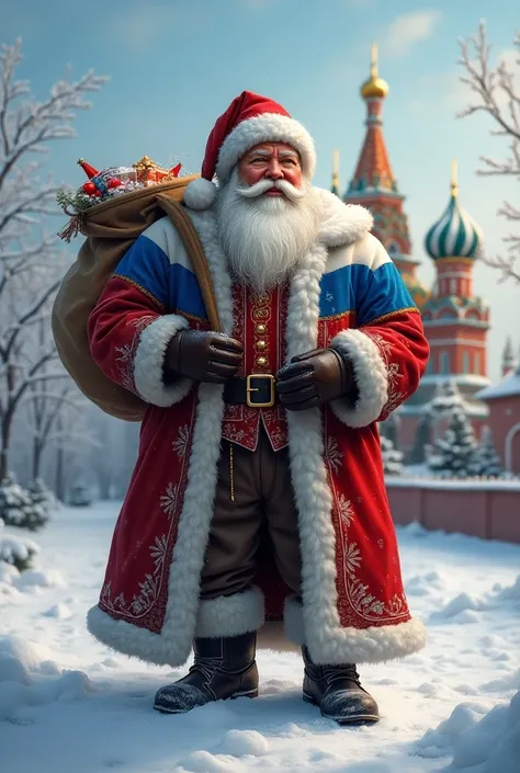 Imagine if Santa Claus was Russian, dressed in the colors of the Russian flag 