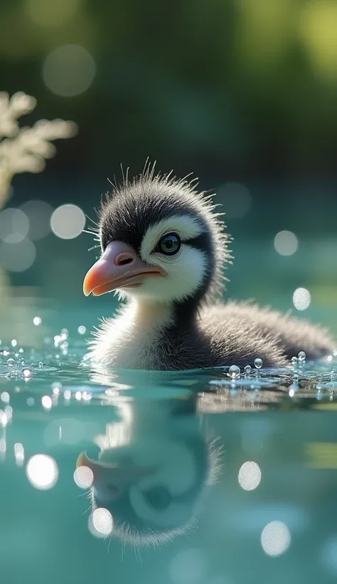 Imagine a relaxing scene with a cute Baby Helmeted Guineafowl Chick cub completely submerged in water, happily surrounded by sparkling bubbles. The image should be hyper-realistic, with a resolution close to 8k, capturing every detail of the animal, the bu...