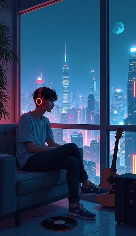 anime illustration of Photo of a man listening to music wearing glowing headphones(side profile view)from his balcony sitting on comfy coach seeing the city, full view Text why you, Super detail, Vintage wave, Cyberpunk, Sad atmosphere, Luminous light thro...