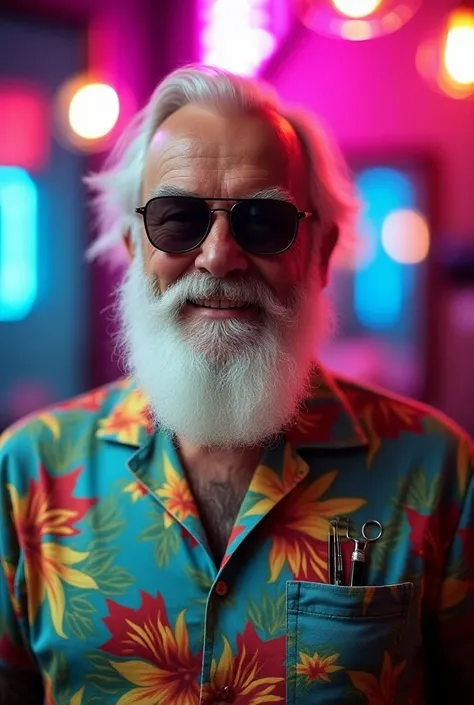  Portrait of a charismatic old man with a long white beard and sunglasses , inspired by the style of a modern barber in Yohans grandfather cartoon He wears a colorful Hawaiian shirt,  with tattoos on his arms and barber tools in his shirt pocket .  The bac...