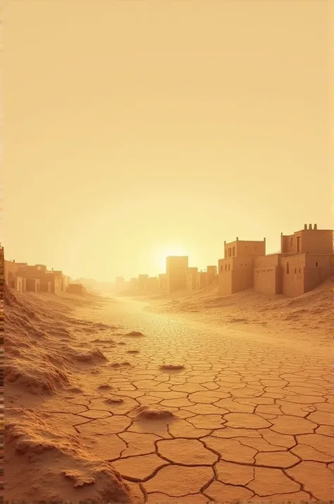 Desolate Desert Landscape: A hot and dry desert scene in Jaisalmer, with cracked earth and traditional Rajasthani houses in the distance.
