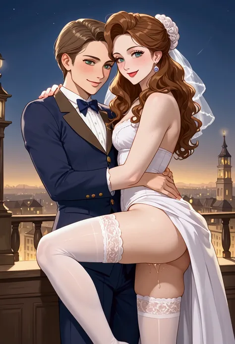 City of Victorian age, Europe. Aristocrat girl 7-years-old sex、Various sexy poses、sexy white négligée, lace stockings, Face smile、Depicts the whole body、
