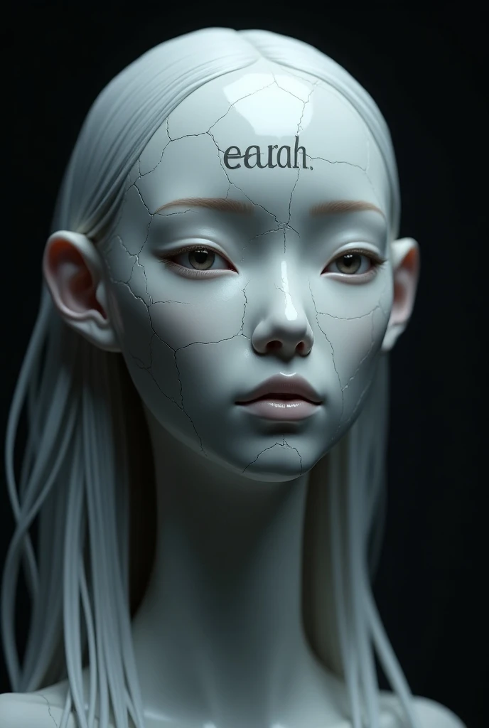 create a,  character stylized in a ,  futuristic style with minimalist aesthetics .  The character has a ,  face similar to porcelain with cracks ,  giving a sense of fragility and resilience . They have long hair , beautiful face.  The word each is promin...