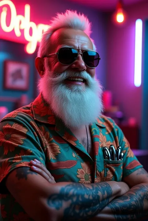  Portrait of a charismatic old man with a long white beard and sunglasses , inspired by the style of a modern barber in Gohans grandfather cartoon from the Dragon Ball z series He wears a colorful Hawaiian shirt,  with tattoos on his arms and barber tools ...